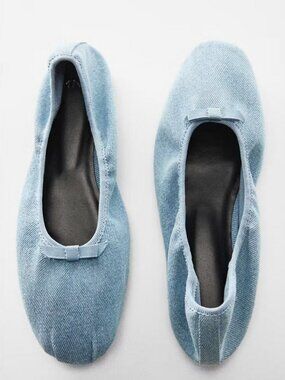 Mango Denim Ballerinas Flats with Decorative Bow In Light Blue Size US 6.5 NWB